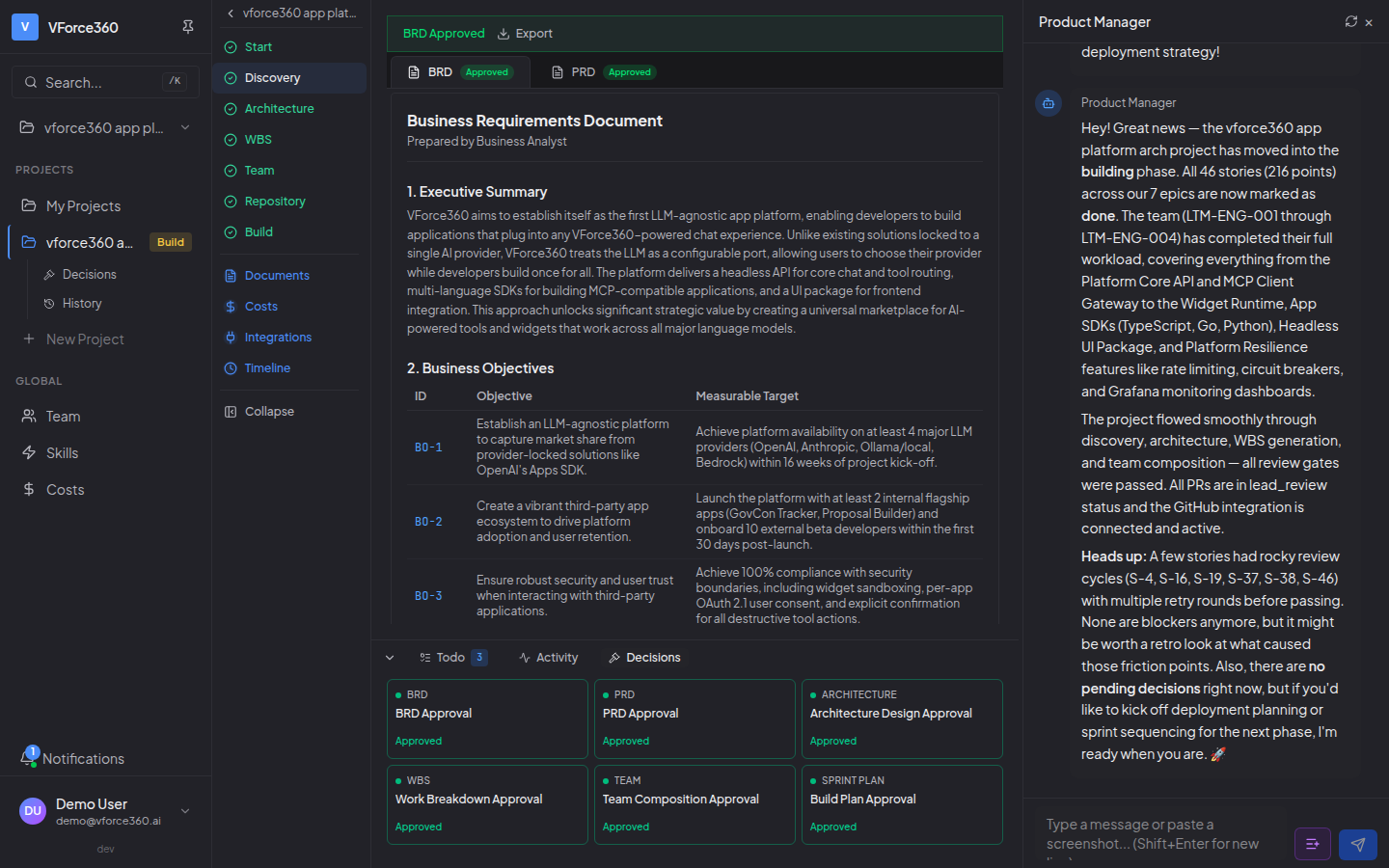 Product Manager discovers requirements through conversation and generates a comprehensive PRD with Gherkin acceptance criteria